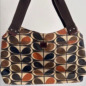 Orla Kiely Shoulder Bag, stem design, brown/cream/orange, wax covered canvas